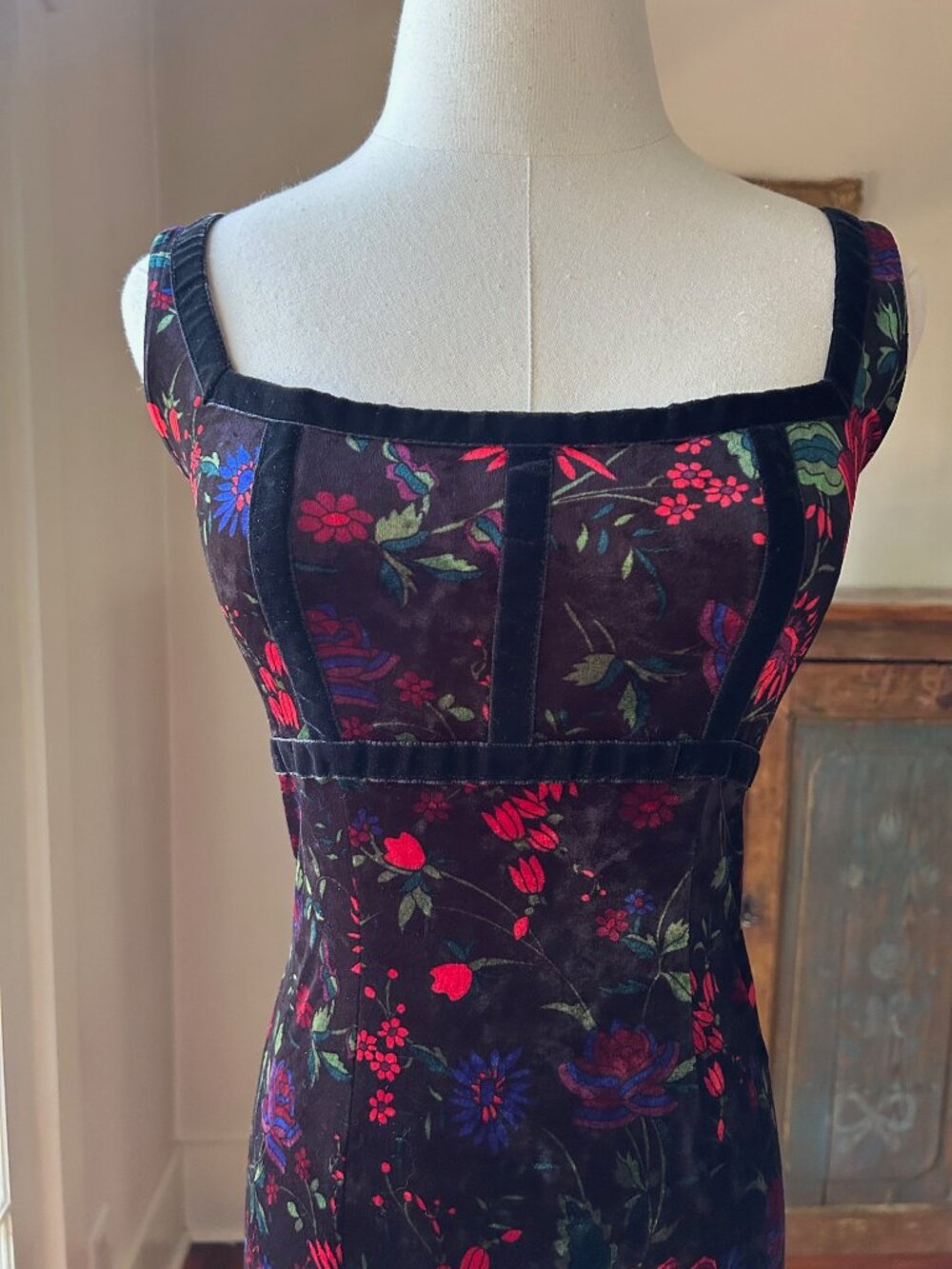 Vintage Betsey Johnson New York Velvet Floral Maxi Dress - Picture 1 of 8